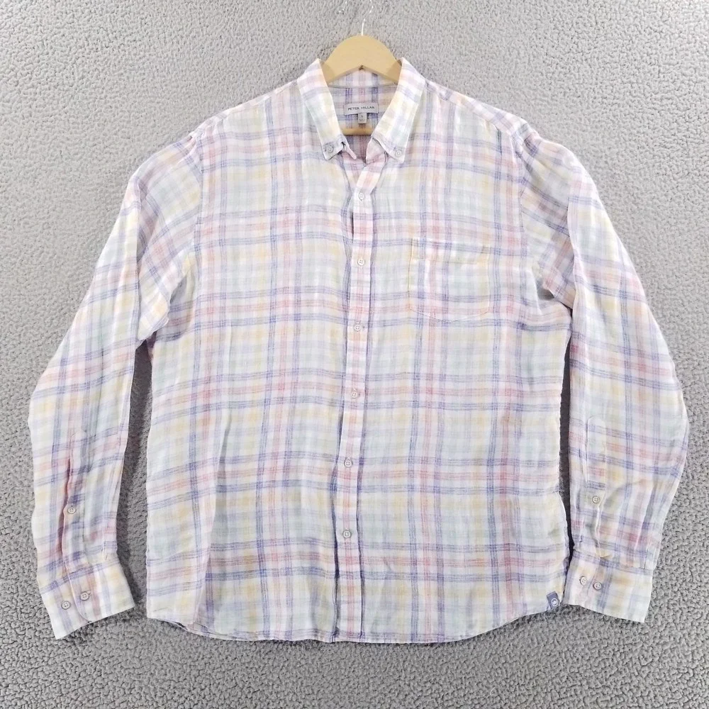Peter Millar Shirt Mens Large White Colorful Plaid Crown Hammock Sport Linen